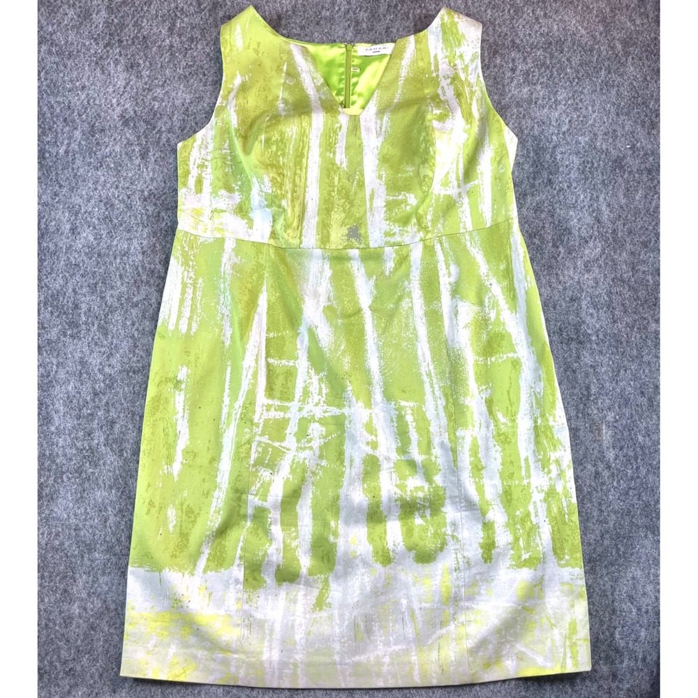 Tahari Woman Sheath Dress‎ Womens 16 Lime Green Abstract Print Cocktail Luxury